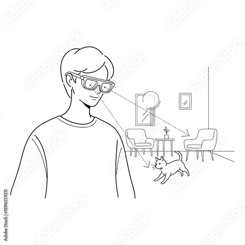 Man wearing augmented reality glasses sees virtual furniture and dog in living room