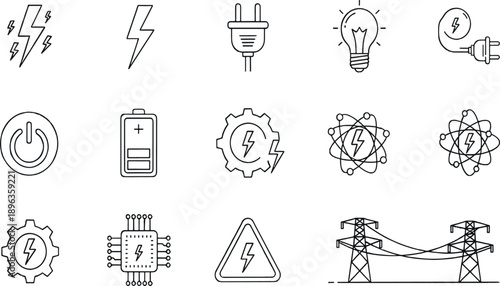 Print Minimalist Black and White Line Icon Set for Electrical Power Infrastructure Featuring High-Voltage Transmission Towers Energy Storage and Safety Warning Symbols