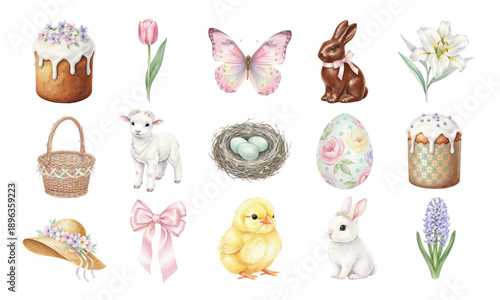 Elegant watercolor collection of festive Easter symbols and spring motifs