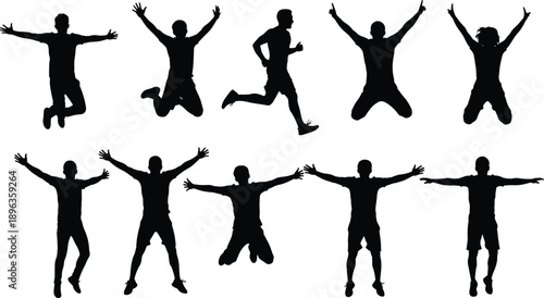 Energetic human silhouettes jumping and posing in motion, expressing freedom, fitness, teamwork, and joyful celebration on white background