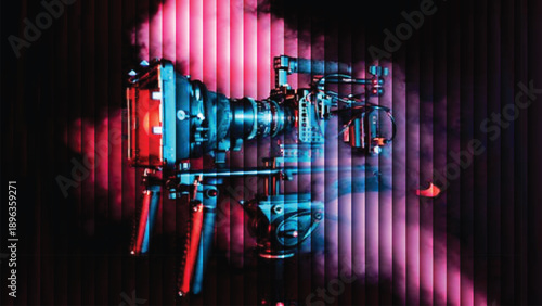 Digital film projector with lens and abstract gear background in industrial technology style