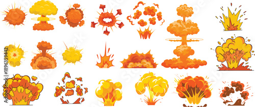 Nuclear explosion mushroom cloud vector set for war games