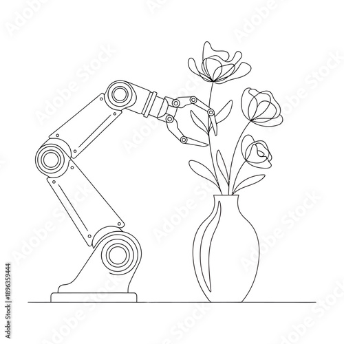 Robotic arm arranging flowers in a vase with elegant simplicity and modern technology in a minimalist line art style