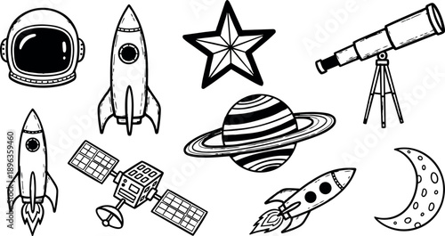 Hand drawn black and white space themed icons featuring rockets, astronaut helmet, satellite, telescope, star, planet with rings, and moon crescent set