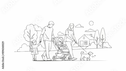 Family Walking Dog Stroller Outdoors Sketch.