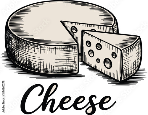 Cheese wheel vector illustration featuring vintage engraved style dairy food design, sliced cheese block drawing for restaurant, menu and gourmet branding isolated
