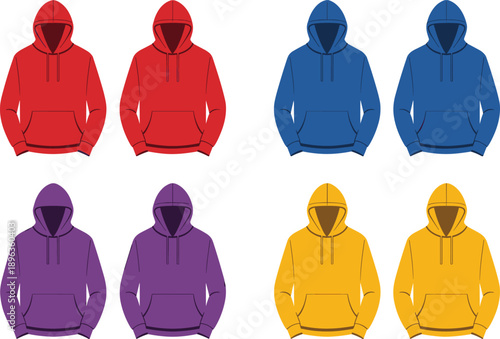 Colorful hoodie vector illustration set featuring casual sweatshirt designs in multiple colors, modern fashion apparel icons collection isolated on white background