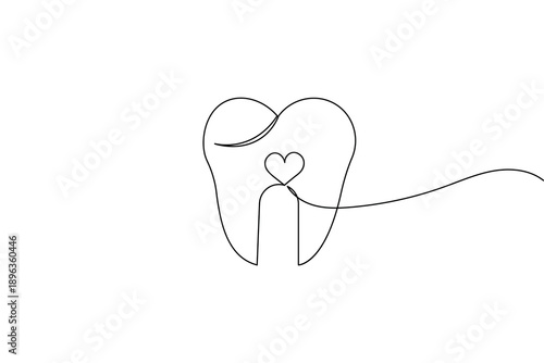 A minimalist continuous one line drawing of a healthy molar tooth with a heart icon, perfect for modern dental clinic branding and healthcare design.