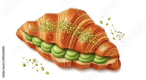 Flaky croissant filled with green pistachio cream and topped