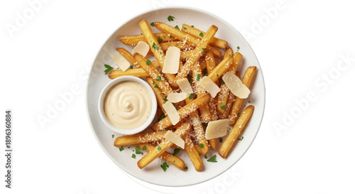 Crispy golden french fries topped with parmesan cheese and fresh