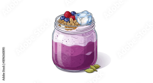 Refreshing berry smoothie in a glass jar topped with granola and ice