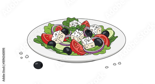 Healthy Greek salad with feta cheese, olives, and fresh vegetables