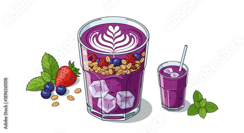 Vibrant berry smoothie with oats, fresh strawberries, and blueberries