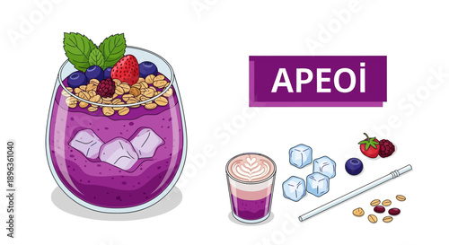 Illustrated collection of healthy berry smoothie ingredients
