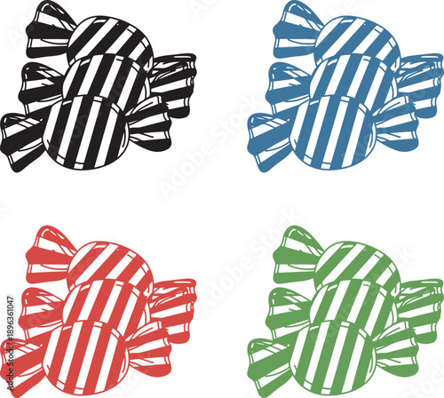 Four different colored wrapped candy illustrations with diagonal striped patterns set against a transparent checkerboard background