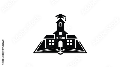 an open book with a school building and graduation cap silhouette