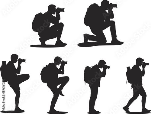 Silhouette collection of professional male photographers with backpacks and cameras in various shooting poses for travel, adventure, and media production sets