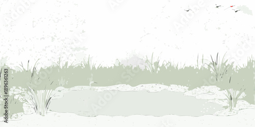 A serene landscape of grassy fields and a small pond under a bright sky