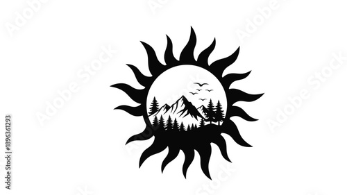 a striking black silhouette of mountains trees and a sun with flying birds