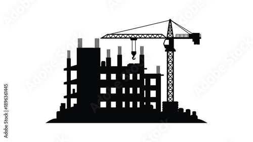 a black silhouette depicting a construction site with a tall crane and building