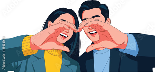 Happy young couple making heart shape with hands vector illustration art