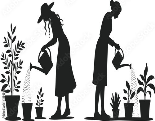 Women gardening silhouette vector illustration showing female figures watering potted plants, eco friendly home gardening and nature care lifestyle concept isolated