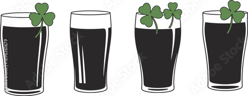 St Patricks Day Dark Beer Glasses with Green Shamrocks, Irish Stout Pint Set, Clover Garnish Alcohol Drinks, Vector Illustration Graphic.