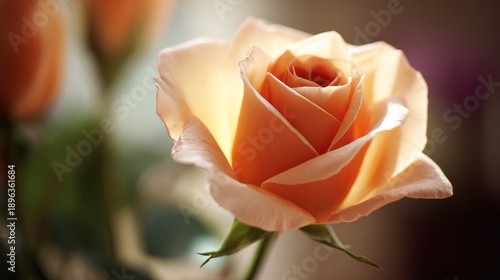 Soft peach rose bathed in warm golden light with delicate velvety petals