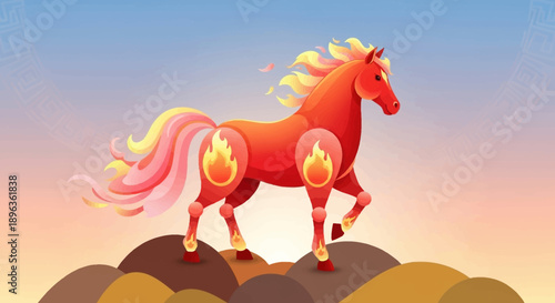 Fiery horse illustration symbolizing power and speed with a majestic and energetic presence on a stylized landscape at sunset
