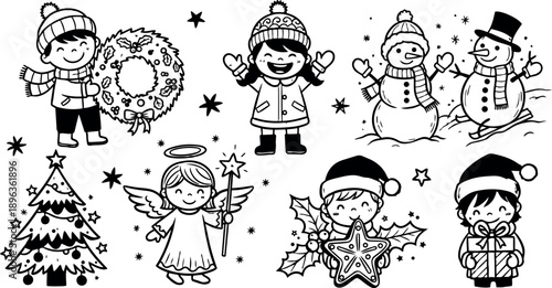 Black and white cartoon style children with christmas wreath angel snowman tree gift and star decorations in winter holiday illustration