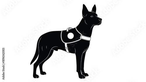 a black silhouette of a dog wearing a service harness standing attentively