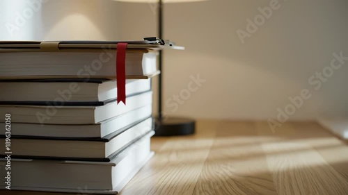 Stack Of Books With A Red Bookmark On A Wooden Desk With A Lamp In The Background And Soft Natural Light Creating Shadows On The Desk
