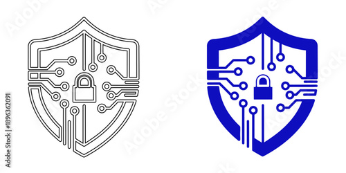 Cyber security shield icon with integrated circuit board patterns and a central padlock for digital protection, network hardware security, and encrypted data safety.