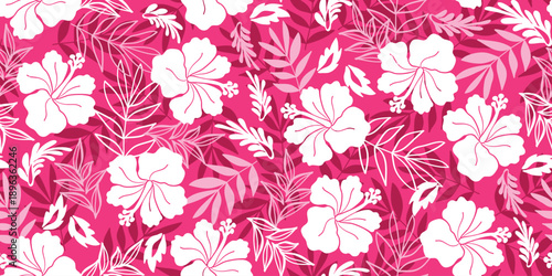 Tropical white hibiscus pink pattern. floral pattern blooms pink motif, Hibiscus flower design. decorative summer pattern for Hawaiian shirts. botanical Monochromatic motifs floral hibiscus design.