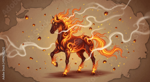A majestic fiery horse, embodying power and myth, emerges from a mystical map amidst swirling smoke and embers, a symbol of primal energy and ancient legend