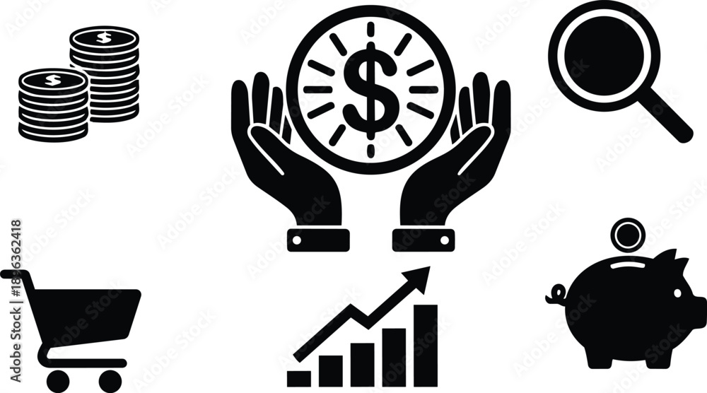 Fototapeta premium Flat design finance icon set showing hands holding coin graph growth piggy bank shopping cart magnifier stacked coins simple black silhouettes for web and print branding