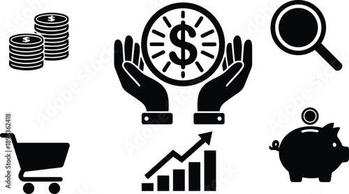 Flat design finance icon set showing hands holding coin graph growth piggy bank shopping cart magnifier stacked coins simple black silhouettes for web and print branding