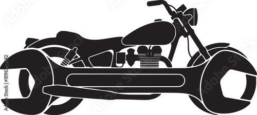 Motorcycle silhouette integrated with large wrench tool representing custom chopper builds garage repair services and mechanical maintenance