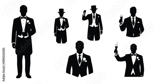 Silhouettes of men in tuxedos with drinks formal wear icons black and white elegant evening wear suits and ties luxury lifestyle celebration party night life formal event