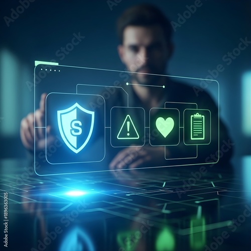 Digital security and health monitoring interface with protective shield, warning, and medical icons in a futuristic technological setting