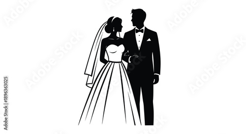 Wedding couple in love bride and groom in formal attire black silhouette on white background romantic illustration for marriage and relationship concepts