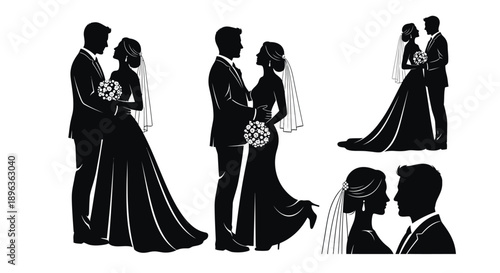 Silhouettes of romantic couples in wedding attire embracing and holding bouquets in various poses