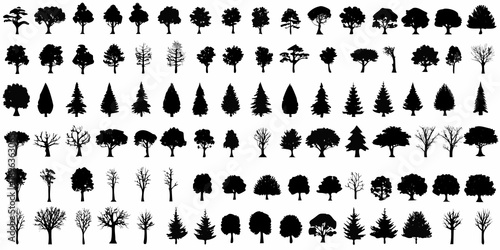 Collection of diverse black silhouette trees arranged in a grid pattern
