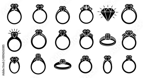Collection of black diamond rings and gemstones on white background various styles and designs jewelry icons