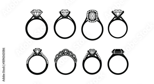 Eight different diamond engagement rings in various designs on white background