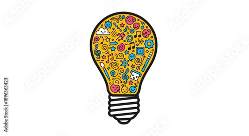 Creative Lightbulb Filled with Diverse Icons Representing Ideas and Innovation.