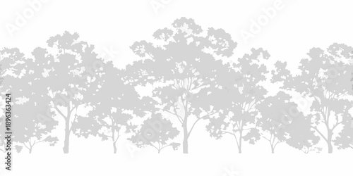 A grayscale silhouette of a dense forest with many trees