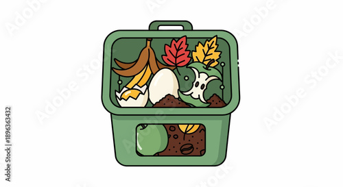 Compost bin filled with organic kitchen waste and autumn leaves.
