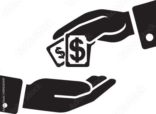 Hands exchanging money a simple black and white illustration of a financial transaction