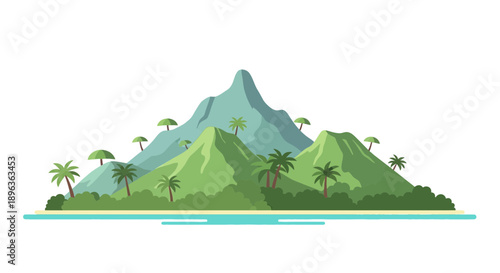 Tropical island paradise with lush green mountains and palm trees on the coast.